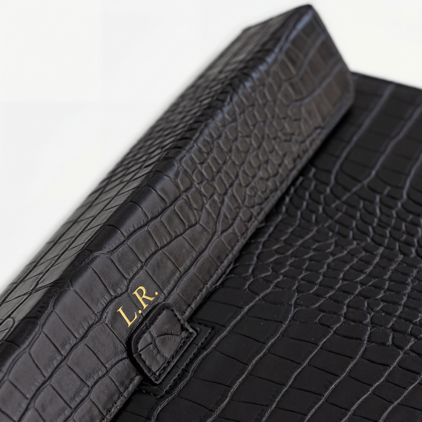 Obsidian Personalized Crocodile Leather Laptop Sleeve and Stand