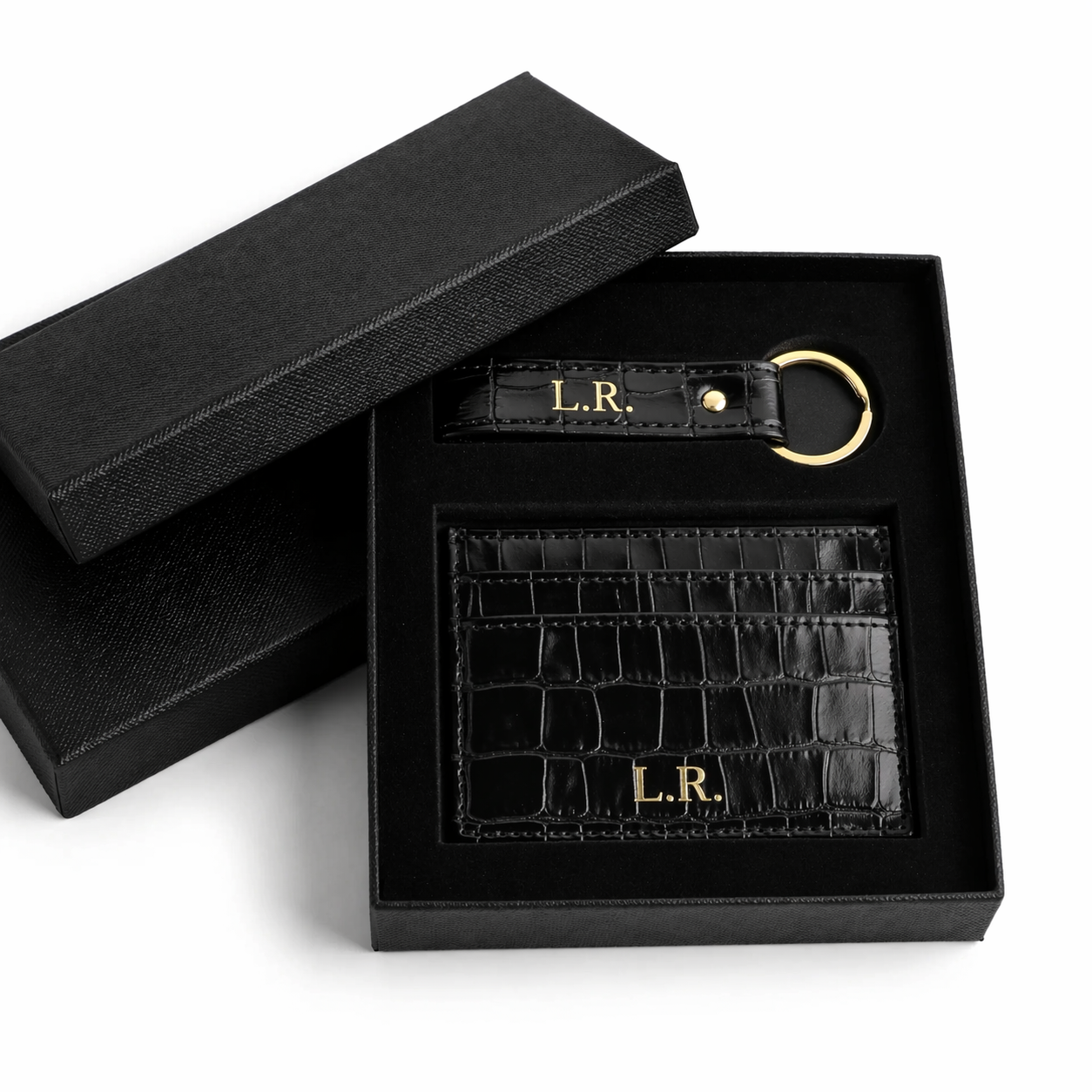 Obsidian Personalized Crocodile Leather Wallet & Keychain Set