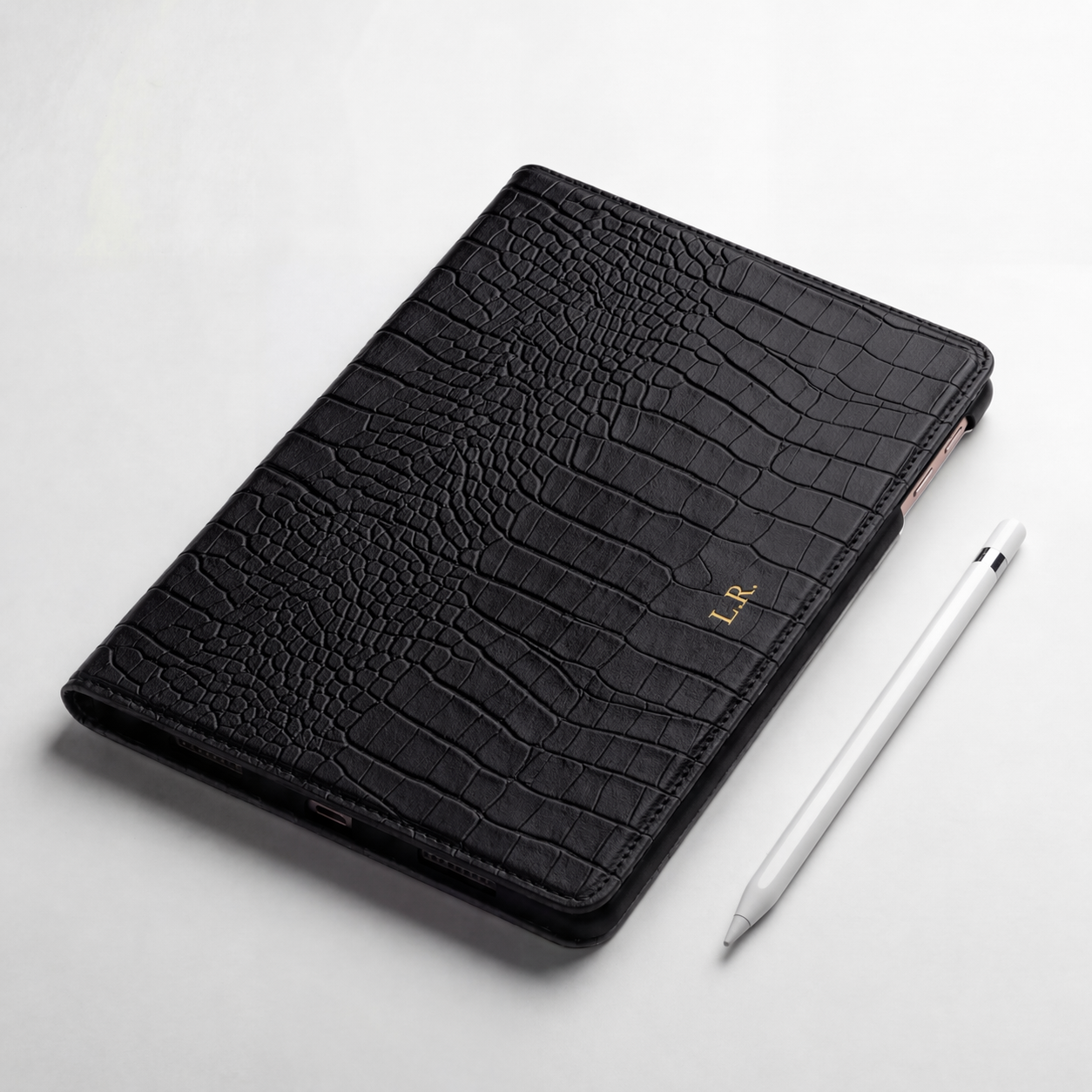 Obsidian Personalized Crocodile Leather iPad Case and Stand