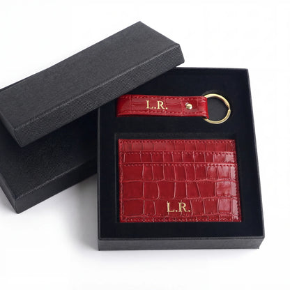 Crimson Personalized Crocodile Leather Wallet & Keychain Set