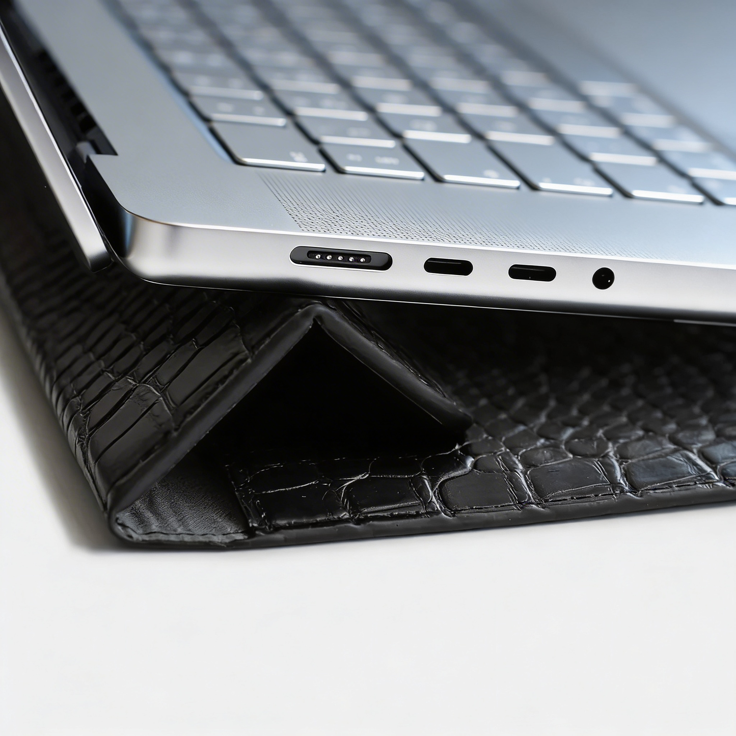 Obsidian Personalized Crocodile Leather Laptop Sleeve and Stand