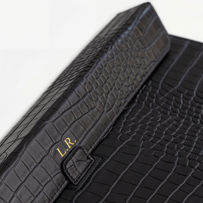 Obsidian Personalized Crocodile Leather Laptop Sleeve and Stand
