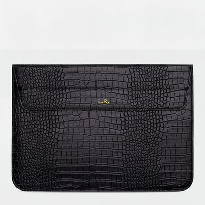 Obsidian Personalized Crocodile Leather Laptop Sleeve and Stand