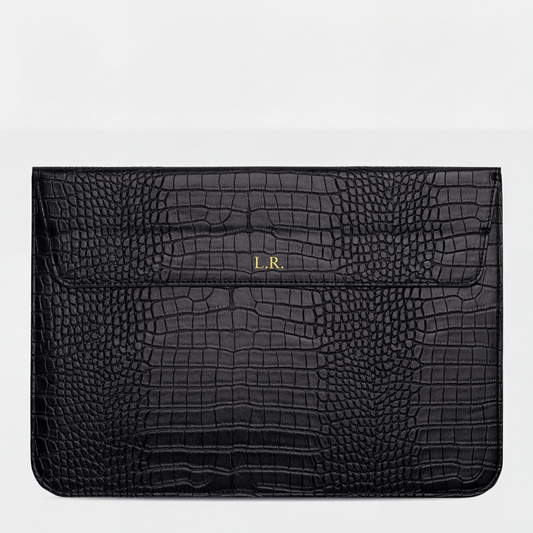 Obsidian Personalized Crocodile Leather Laptop Sleeve and Stand