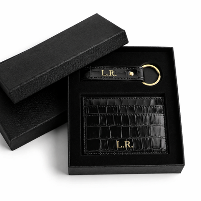 Obsidian Personalized Crocodile Leather Wallet & Keychain Set
