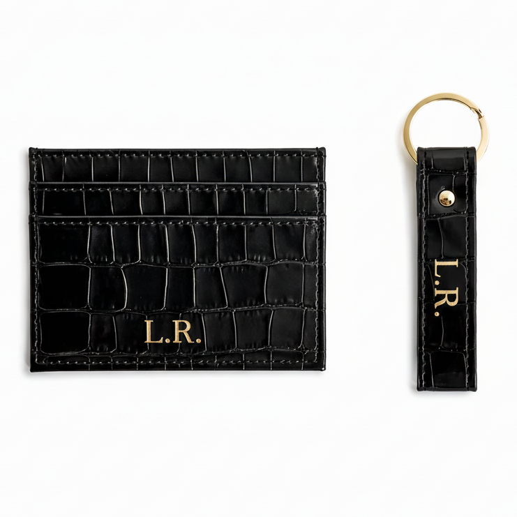 Obsidian Personalized Crocodile Leather Wallet & Keychain Set