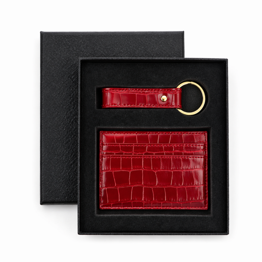 Crimson Personalized Crocodile Leather Wallet & Keychain Set